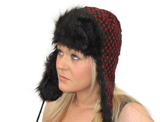 Ladies Womens Warm Winter Black Red Heart Trapper Hat Ear Warmer Faux Fur
