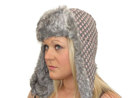 Ladies Womens Warm Winter Grey Pink Heart Trapper Hat Ear Warmer Faux Fur