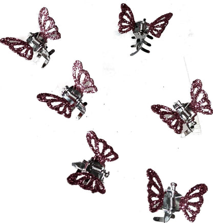 6 Small Mini Tiny Metal Pink Glitter Butterfly Hair Claws Clips Clamps