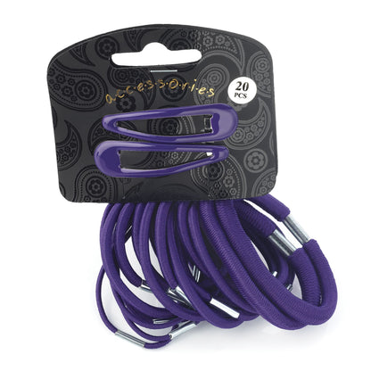 20 Piece Purple Hair Elastic Band Bobble Snap Hair Clip Slide School Set