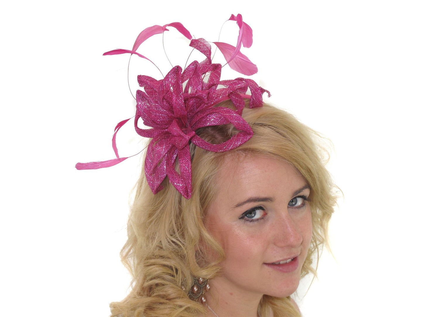 Fuchsia Pink Silver Lurex Feather Hair Band Headband Fascinator Races