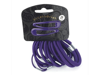 20 Piece Purple Hair Elastic Band Bobble Snap Hair Clip Slide School Set
