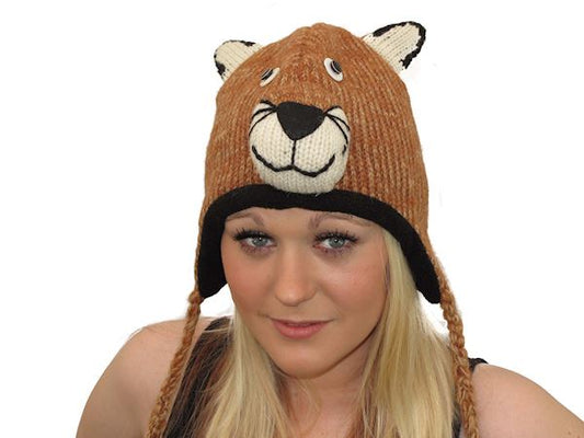 Ladies Womens Warm Fun Cougar Animal Shape Trapper Hat With Fleece Lining
