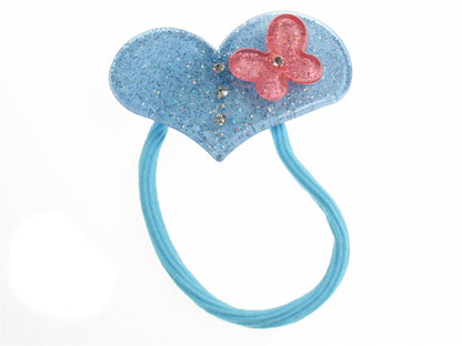 Girls Blue Glitter Crystal Heart Butterfly Hair Bobble Elastic Ponytail