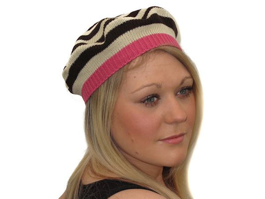 Ladies Womens Soft Warm Chocolate Brown Pink Knitted French Beret Hat