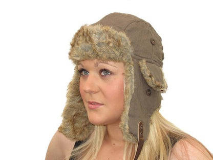 Ladies Womens Warm Winter Light Brown Trapper Hat Ear Warmer Faux Fur