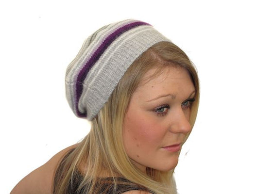 Ladies Womens Soft Warm Winter Grey Purple Stripe Knitted French Beret Hat