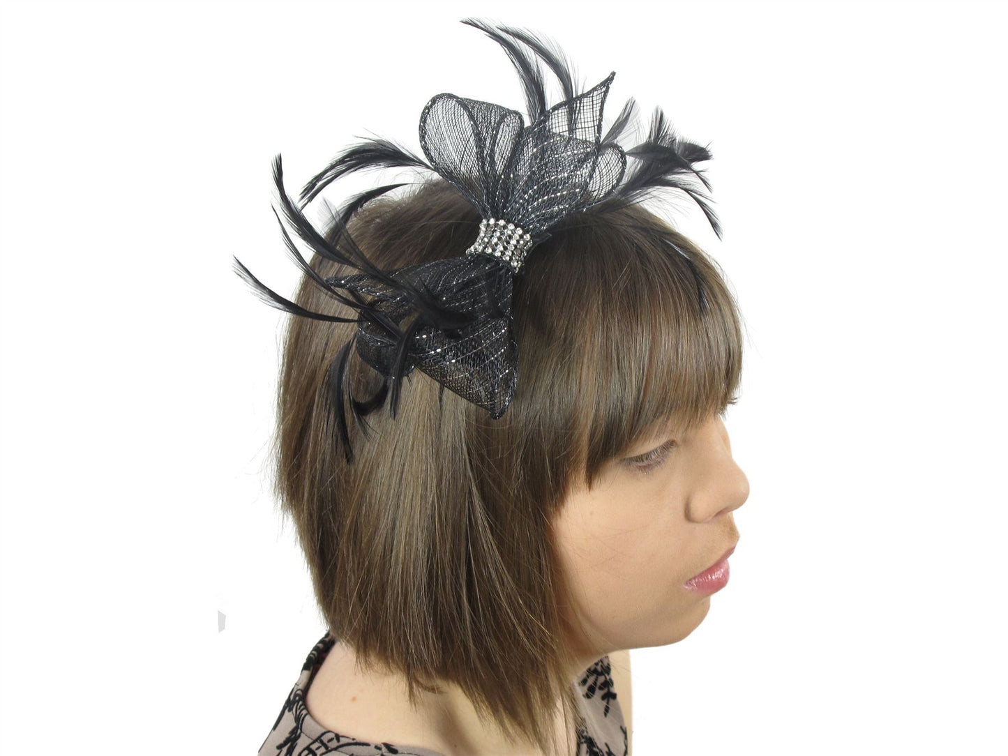 Womens Black Lurex Crystal Bow Hat Fascinator Headband Hair BandRaces
