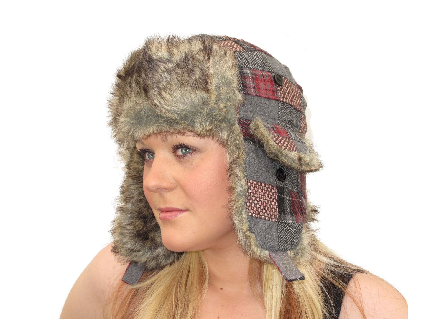 Womens Warm Pink Grey Patchwork Check Trapper Hat Ear Warmer Faux Fur