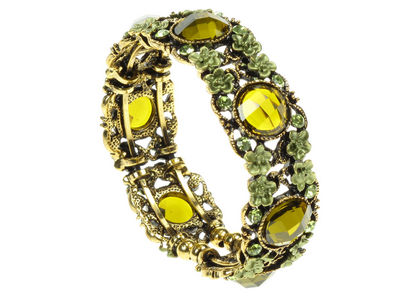 Antique Gilt Jewel And Flower  Cuff Bangle - Green