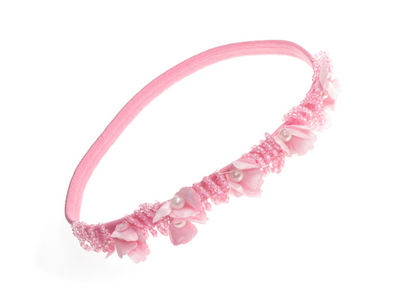 Pink Flower Seed Bead Headband Hair Elastic