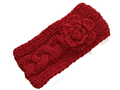 Dark Red Flower Knitted Winter Headband